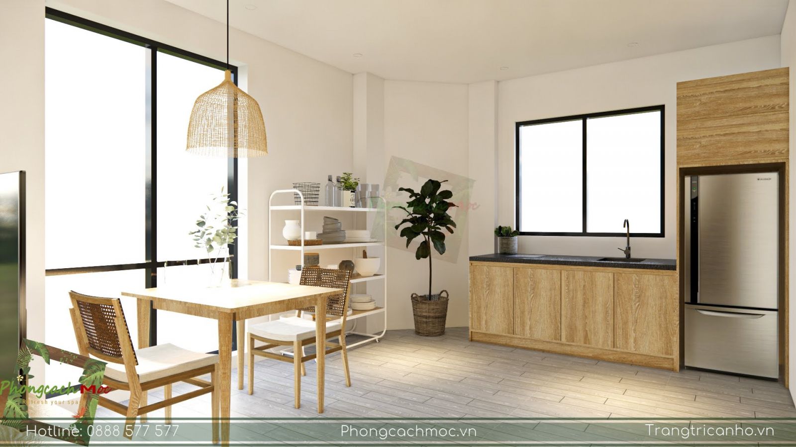thiết kế khu vực phòng khách kết hợp phòng bếp căn hộ