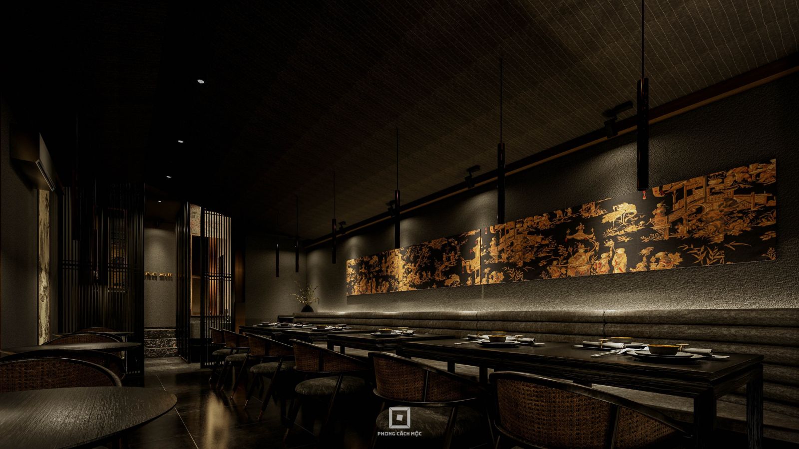 Mỗi phòng VIP nhà hàng mang một ngôn ngữ thiết kế riêng biệt. Cảm hứng Trung Hoa được biến tấu ở nhiều góc độ thẩm mỹ khác nhau.