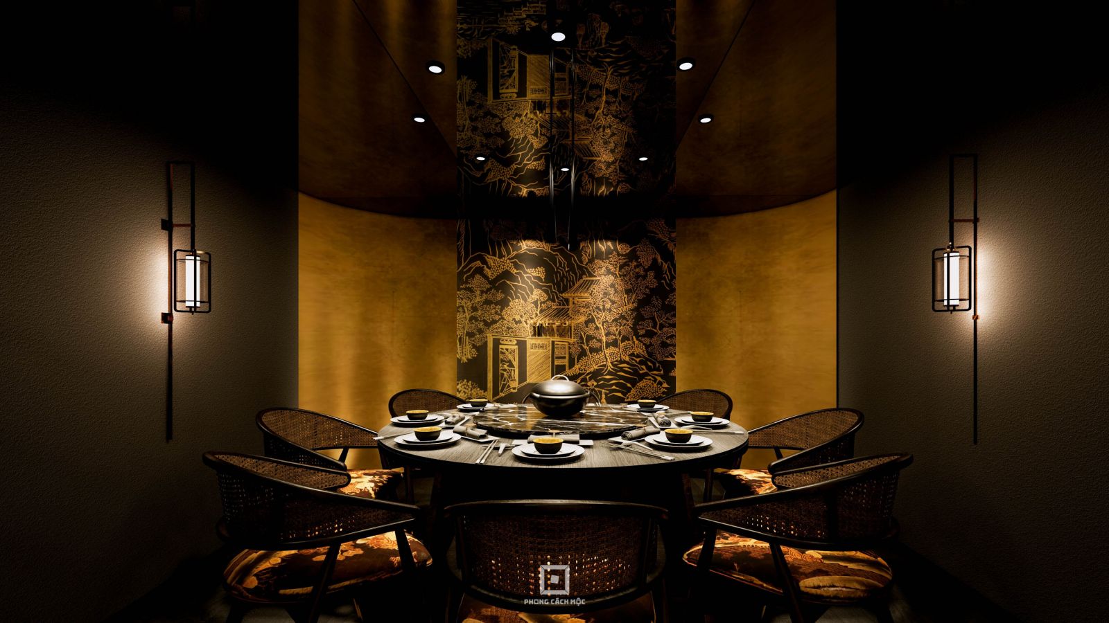 Mỗi phòng VIP nhà hàng mang một ngôn ngữ thiết kế riêng biệt. Cảm hứng Trung Hoa được biến tấu ở nhiều góc độ thẩm mỹ khác nhau.
