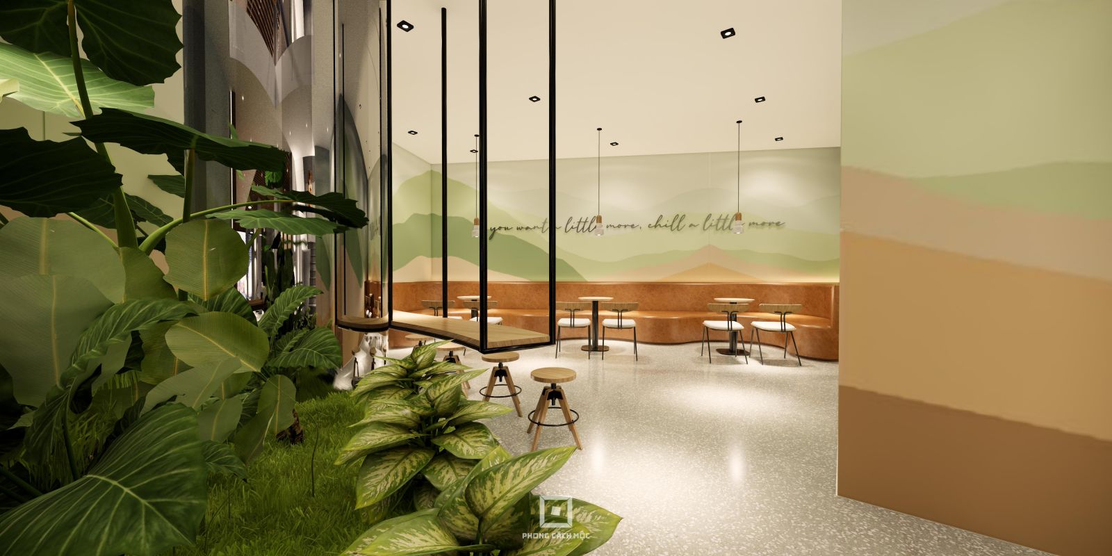 Tiểu cảnh cây xanh trong thiết kế quán cafe Fresh Coffee