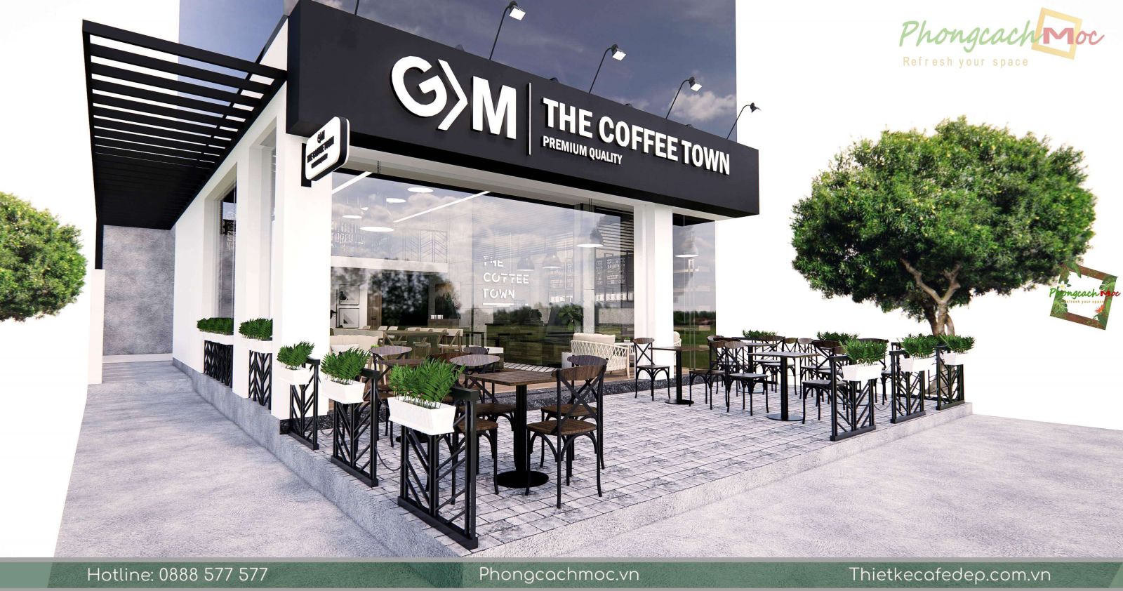 mấu thiết kế quán cafe không gian ngoài trời the coffee town