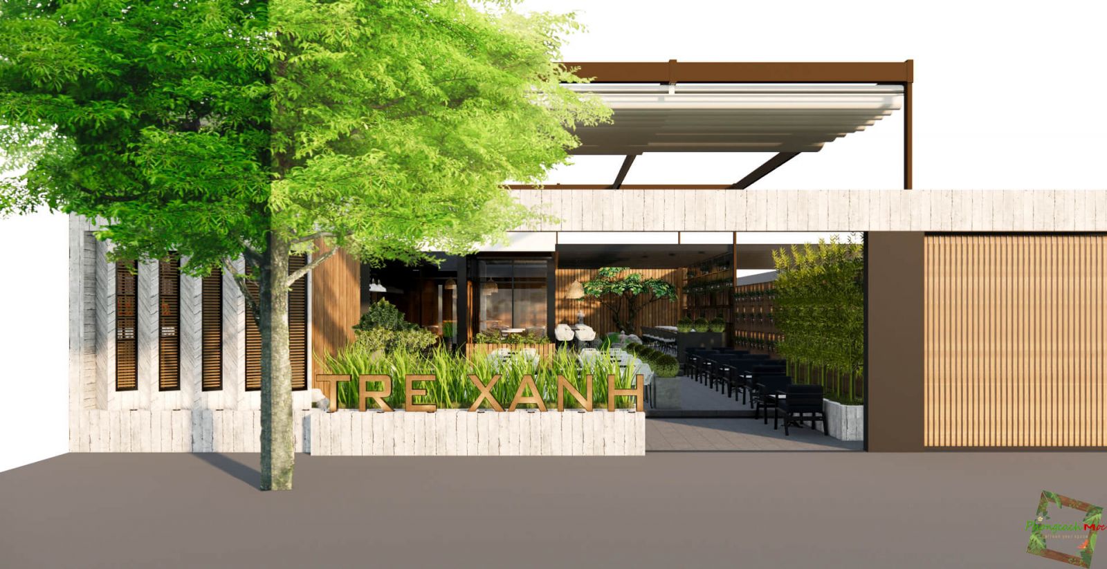 mẫu quán cafe tre xanh được thiết kế với chủ đề hiện đại