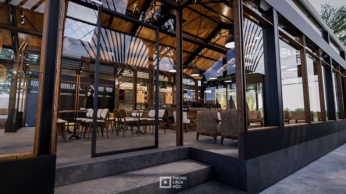 Concept 3D dự án thiết kế quán cà phê The Coffee Town - View nhìn từ bên hông vào không gian nội thất bên trong